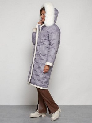 Пальто утепленное с капюшоном зимнее женское серого цвета 132290Sr