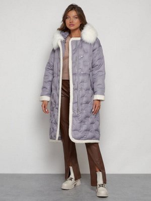 Пальто утепленное с капюшоном зимнее женское серого цвета 132290Sr