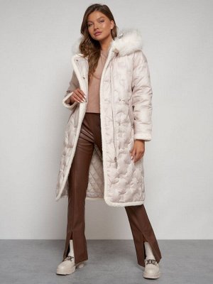Пальто утепленное с капюшоном зимнее женское бежевого цвета 132290B