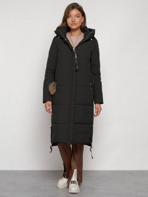 Пальто утепленное с капюшоном зимнее женское темно-зеленого цвета 132132TZ