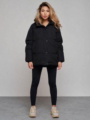 Зимняя женская куртка модная с капюшоном черного цвета 52308Ch