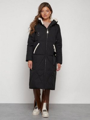 Пальто утепленное с капюшоном зимнее женское черного цвета 132227Ch