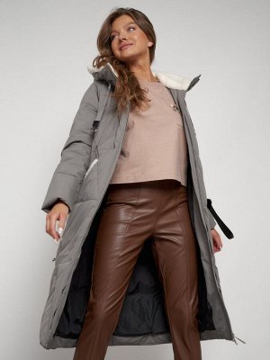 Пальто утепленное с капюшоном зимнее женское цвета хаки 132227Kh
