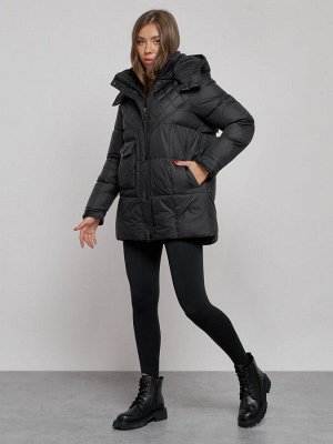 Зимняя женская куртка молодежная с капюшоном черного цвета 52301Ch