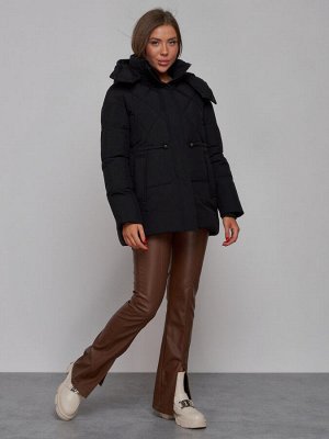 Зимняя женская куртка модная с капюшоном черного цвета 52302Ch