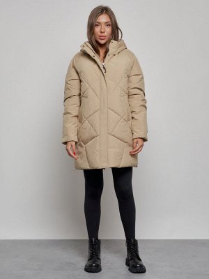 Зимняя женская куртка модная с капюшоном светло-коричневого цвета 52361SK