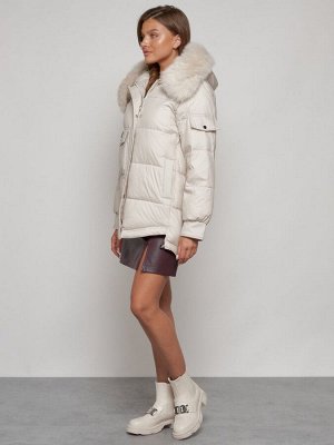 Куртка зимняя женская модная с мехом бежевого цвета 13301B