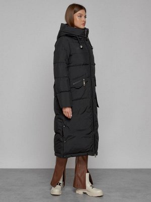 Пальто утепленное с капюшоном зимнее женское черного цвета 133159Ch