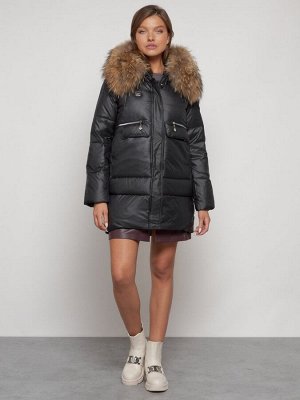 Куртка зимняя женская модная с мехом черного цвета 132298Ch