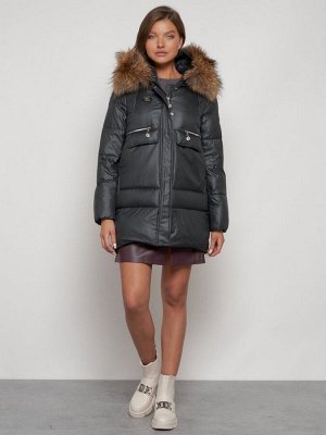 Куртка зимняя женская модная с мехом темно-серого цвета 132298TC
