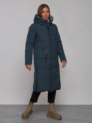 Пальто утепленное двухстороннее женское темно-синего цвета 13343TS