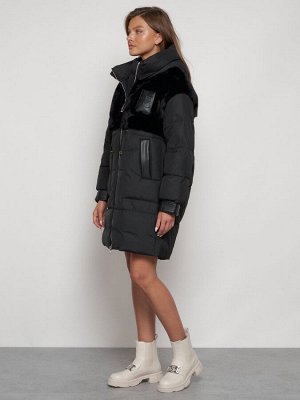 Куртка зимняя женская модная из кроличьего меха черного цвета 133131Ch