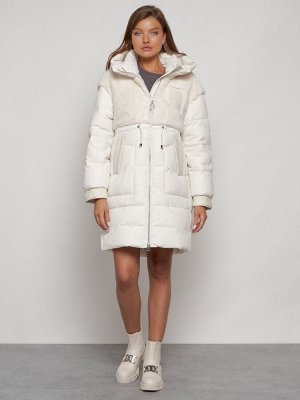 Куртка зимняя женская модная из кроличьего меха бежевого цвета 133131B