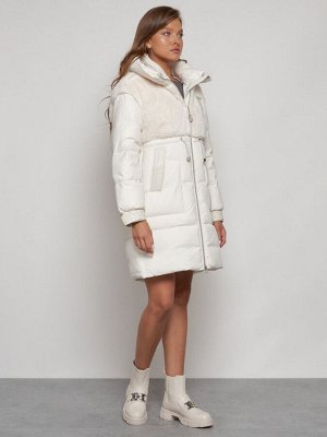 Куртка зимняя женская модная из кроличьего меха бежевого цвета 133131B
