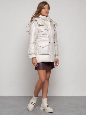 Куртка зимняя женская модная с капюшоном бежевого цвета 13338B