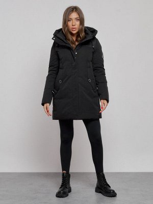 Зимняя женская куртка молодежная с капюшоном черного цвета 589003Ch