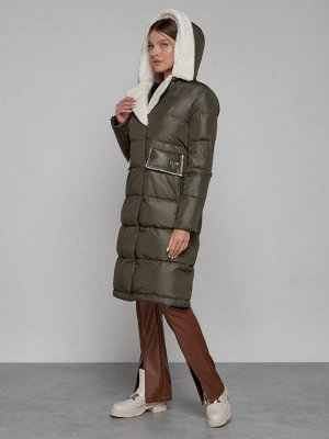 Пальто утепленное с капюшоном зимнее женское цвета хаки 1322367Kh