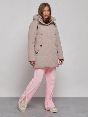 Зимняя женская куртка молодежная с капюшоном коричневого цвета 589003K