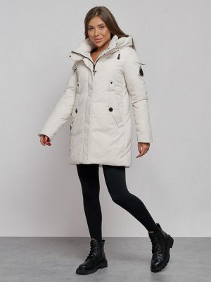 Зимняя женская куртка молодежная с капюшоном бежевого цвета 589003B
