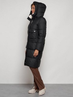 Пальто утепленное с капюшоном зимнее женское черного цвета 133127Ch