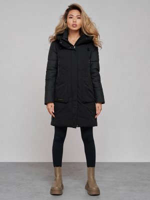 Зимняя женская куртка молодежная с капюшоном черного цвета 589006Ch