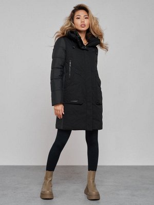 Зимняя женская куртка молодежная с капюшоном черного цвета 589006Ch