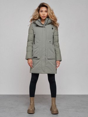 Зимняя женская куртка молодежная с капюшоном цвета хаки 589006Kh