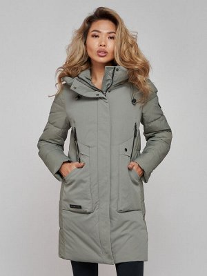 Зимняя женская куртка молодежная с капюшоном цвета хаки 589006Kh