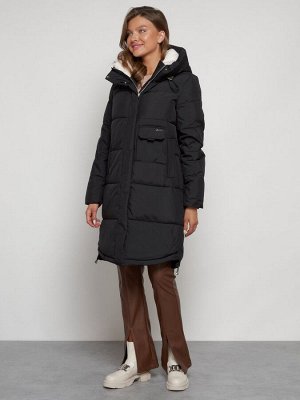 Пальто утепленное с капюшоном зимнее женское черного цвета 133208Ch