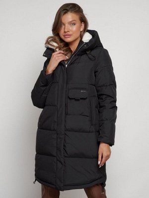 Пальто утепленное с капюшоном зимнее женское черного цвета 133208Ch