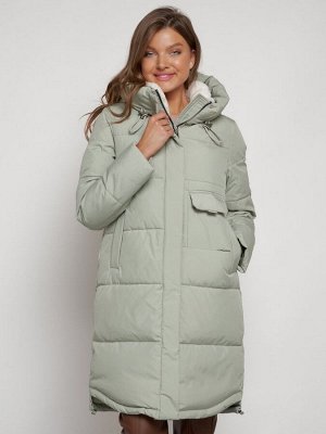 Пальто утепленное с капюшоном зимнее женское светло-зеленого 133208ZS