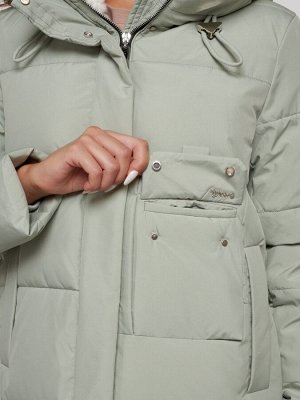 Пальто утепленное с капюшоном зимнее женское светло-зеленого 133208ZS