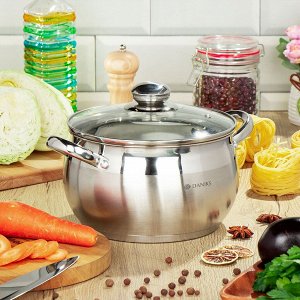 Кастрюля нержавеющая сталь, 3.9 л, крышка стекло, Daniks, Классика, SD-20, индукция