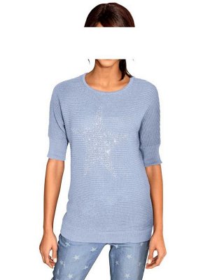 1к Linea Tesini  Пуловер, голубой  Благородный пуловер и грубоватая вязка с серебристыми звездами. Обрамляющая фигуру форма с круглым вырезом и рукавами под летучую мышь до локтей. Края резиночной вяз