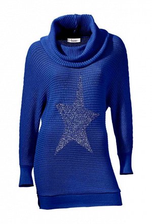 1к Linea Tesini  Водолазка, синяя  Благородный пуловер для настоящей звезды. Грубоватая вязка с серебристой звездой. Широкая форма с большим мягким воротником-гольф и рукавами летучая мышь. Края резин