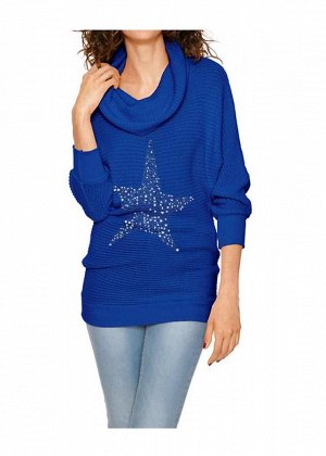 1к Linea Tesini  Водолазка, синяя  Благородный пуловер для настоящей звезды. Грубоватая вязка с серебристой звездой. Широкая форма с большим мягким воротником-гольф и рукавами летучая мышь. Края резин