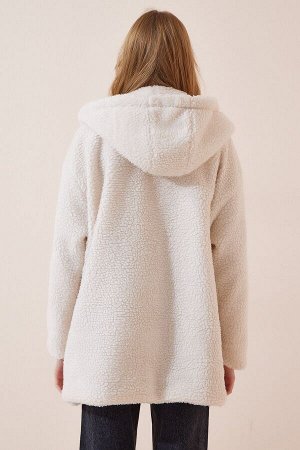 Женское кремовое плюшевое пальто с капюшоном RV00087