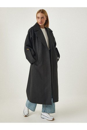 Женское шерстяное пальто премиум-класса антрацитового цвета с поясом и узором «елочка» FN03090