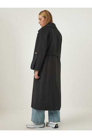 Женское шерстяное пальто премиум-класса антрацитового цвета с поясом и узором «елочка» FN03090
