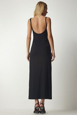 Женское черное облегающее гибкое трикотажное платье на бретелях UB00157