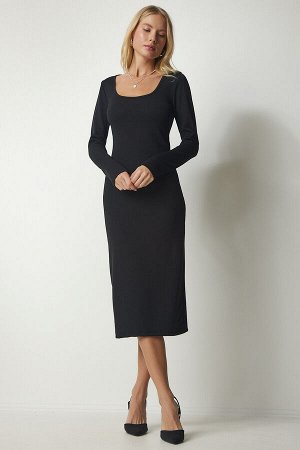 happinessistanbul Женское черное платье-бретелька миди с глубоким U-образным вырезом UB00167