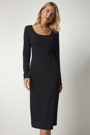 happinessistanbul Женское черное платье-бретелька миди с глубоким U-образным вырезом UB00167