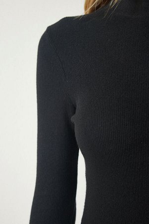 Женское черное вязаное платье с воротником-шалью Saran в рубчик HJ00004