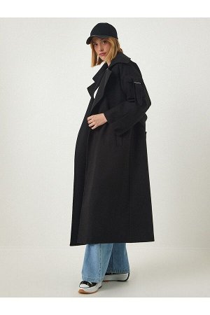 Женское черное шерстяное пальто премиум-класса с длинными манжетами и карманом на рукаве fn03100