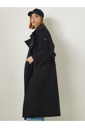 Женское черное шерстяное пальто премиум-класса с длинными манжетами и карманом на рукаве fn03100