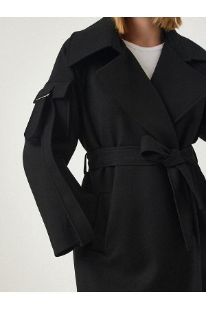 happinessistanbul Женское черное шерстяное пальто премиум-класса с длинными рукавами и карманами fn03100
