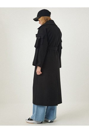 Женское черное шерстяное пальто премиум-класса с длинными рукавами и карманами fn03100