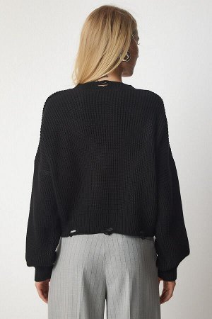 Женский черный рваный вязаный свитер с V-образным вырезом PN00080