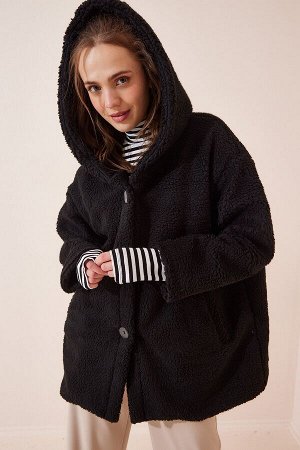 Женское черное плюшевое пальто с капюшоном RV00087