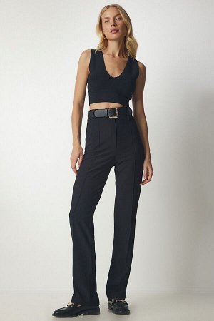Женские черные удобные трикотажные брюки с высокой талией rv00132